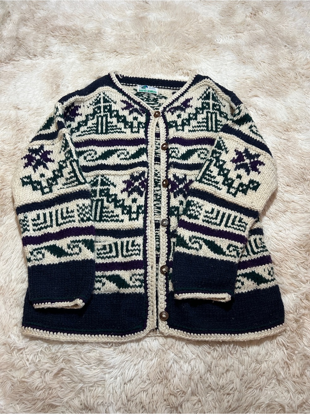 Wool Patterned Button-Front Sweater - Cream, Navy & White